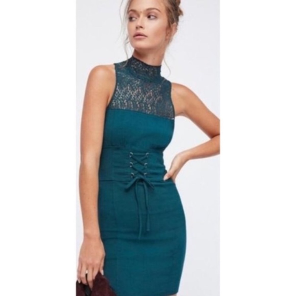 Free People High Society Teal Blue-Green Lace Up Mini Dress Size Medium